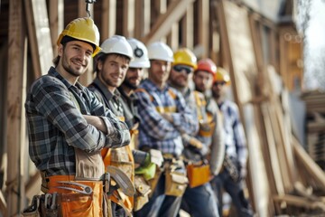 Poster - A cohesive team of repair workers collaborates at a construction site, equipped with various tools and materials for their tasks. Generative AI