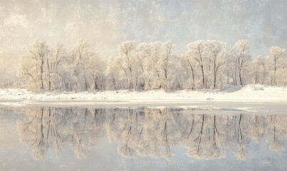 Icy reflection of snow-covered trees on a calm, frozen lake with soft winter light