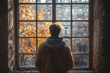 Poster - A man standing at a window, lost in thought, struggling with feelings of isolation. Concept of loneliness.