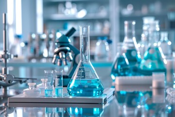 Poster - A laboratory features various glassware filled with blue liquids alongside a microscope, indicating active scientific research. Generative AI