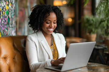 A woman sitting in a chair using a laptop.