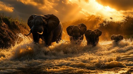 Poster - Elephants Silhouetted Against a Dramatic Sunset While Crossing a River