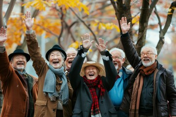 Poster - Group of senior friends waving their hands in the park. They are wearing hats and scarves.