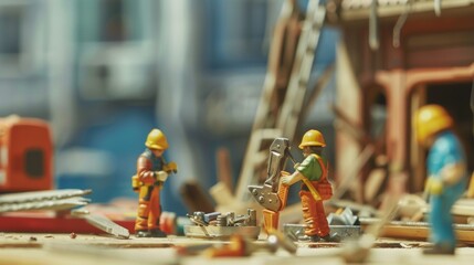 Aufkleber - A team of workers is focused on repairing structures with various tools and materials at a construction site in a vibrant city area. Generative AI