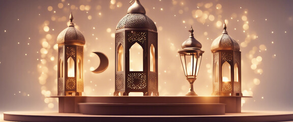 Canvas Print - Islamic ramadan kareem display podium background with 3d of arabian lantern and crescent moon Beauti