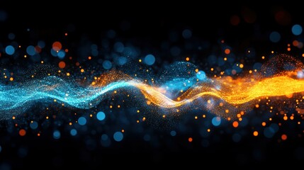 Wall Mural - Abstract Blue and Orange Glowing Particle Waves Against a Black Background