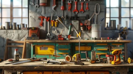 Poster - A repair team uses a variety of tools and materials in a workshop, showcasing their activities and equipment in natural light. Generative AI