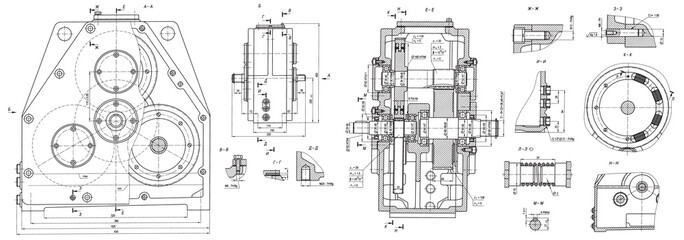Wall Mural - engineering mechanical pencil drawing of steel devices (reducer, gearbox, engine) with dimension lin