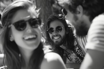 Wall Mural - group of friends on the street, black and white photo with shallow depth of field