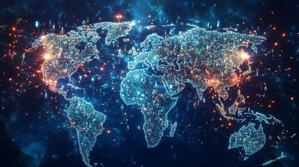 Poster - A Digital World Map with Illuminated Cities and Connected Networks