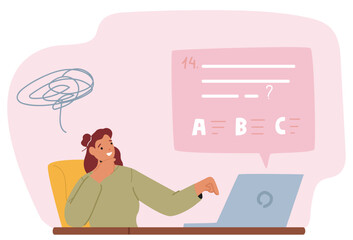 Student Girl Sitting in Front of Laptop Participating In Online Exam. Vector Illustration Shows a Thoughtful Expression