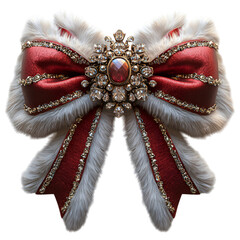 Wall Mural - Luxurious red and white Christmas bow with fur trim and gem embellishment on a transparent background.
