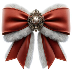 Wall Mural - Luxurious red and white Christmas bow with fur trim and gem embellishment on a transparent background.
