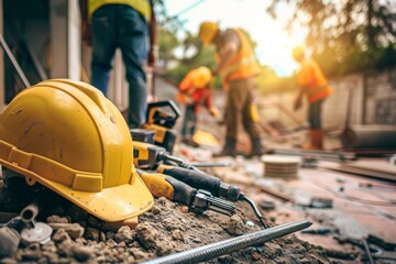 Leinwandbilder - A repair crew is actively engaged in construction tasks, surrounded by tools and materials on the site under bright sunlight. Generative AI