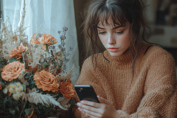 Poster - A person sitting on the floor next to a bouquet of flowers, staring at their phone in disbelief after being ghosted. Concept of heartbreak in the digital age.