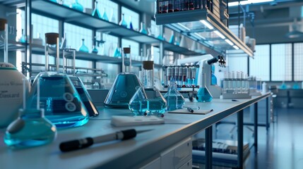 Aufkleber - Researchers are working with various glassware containing blue liquids in a well-lit laboratory environment. Generative AI