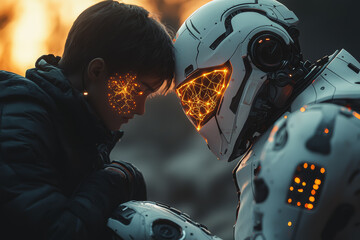 Poster - A human and robot sitting together, both connected by a glowing neural link, showing shared thought. Concept of symbiosis between AI and humans.