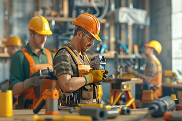 Poster - A repair team is focused on their tasks, using various tools and materials to complete their work efficiently at the job site. Generative AI
