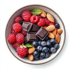 Wall Mural - A vibrant bowl of fresh fruits featuring raspberries, blueberries, and almonds with dark chocolate chunks. Perfect for healthy snacking or a gourmet dessert. Enjoy a colorful, nutritious treat. AI