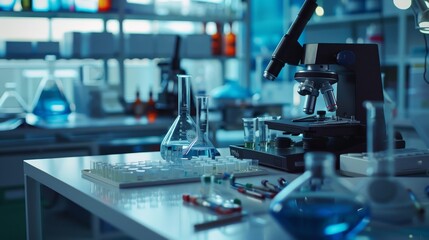 Leinwandbilder - Brightly lit laboratory filled with scientific equipment, including glass flasks and a microscope, indicating active research or experimentation. Generative AI
