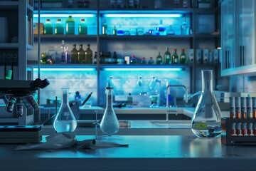 Aufkleber - Lab equipment is arranged on a countertop with beakers and a microscope, while colorful liquids glow in the background's shelves. Generative AI