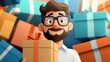 © Design Depot - A cheerful cartoon character with a beard and glasses holding a wrapped gift box, representing joy, giving, celebration, and the spirit of special occasions.