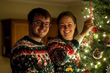 Couple wearing matching Christmas sweaters, smiling while decorating the tree