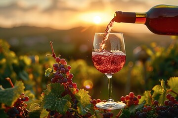 Wine Pour at Sunset in Vineyard