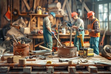 Aufkleber - A repair team collaborates in a workshop, utilizing tools and materials for ongoing projects amid a busy workspace. Generative AI