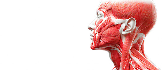 3D rendering of human face muscle anatomy on white background, close-up, side view, high detail, high resolution. Concept Medicine.