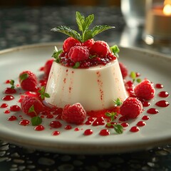 Sticker - Delicious Panna Cotta with Fresh Raspberries