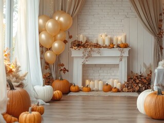 Canvas Print - Decorative setting with pumpkins and balloons in a well lit interior