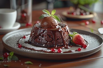 Wall Mural - Chocolate Lava Cake with Ice Cream and Strawberry