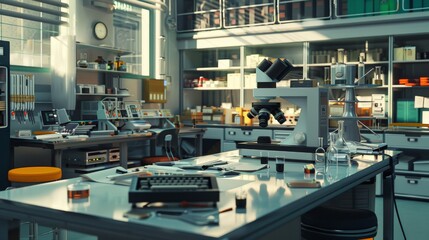 Poster - The laboratory features a range of scientific instruments, workstations, and materials illuminated by natural light, emphasizing research preparation. Generative AI