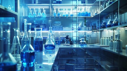 Poster - A modern laboratory showcases various glass containers filled with blue liquid, emphasizing scientific exploration and research. Generative AI