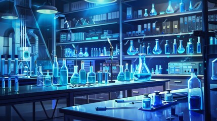 Aufkleber - The laboratory displays various bottles and flasks with blue liquids, emphasizing a well-organized space for conducting experiments. Generative AI