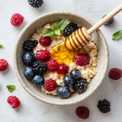 Wall Mural - Healthy breakfast bowl filled with oats, honey, and fresh berries. A vibrant and nutritious meal perfect for starting your day. Enjoy the colorful fruits with a natural touch. AI