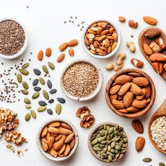 Wall Mural - A vibrant display of assorted nuts and seeds in bowls on a clean surface. Perfect for health enthusiasts or food bloggers. A beautiful, natural style emphasizing nutrition. AI