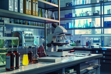 Poster - A modern laboratory is equipped with microscopes, various glassware, and vibrant chemical solutions, illustrating a productive scientific environment. Generative AI