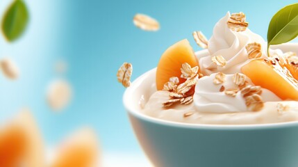 A serene composition featuring a swirl of yogurt topped with juicy peach slices and oats, set against a soothing blue background for an artistic and calming experience.