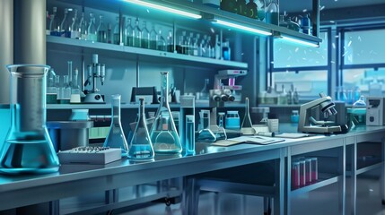 Poster - The laboratory showcases an array of glass beakers, flasks, and scientific instruments on sleek stainless steel countertops with vibrant lighting. Generative AI