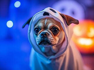 A cute dog wearing a ghost outfit, set against a backdrop of Halloween decorations, radiating joy and festivity.