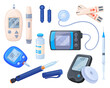 © ssstocker - Diabetes equipment. Glucometer, injection pen Insulin pump lancet blood testing glucose measuring resistance level monitor pharmaceutical diabetic devices neat vector illustration