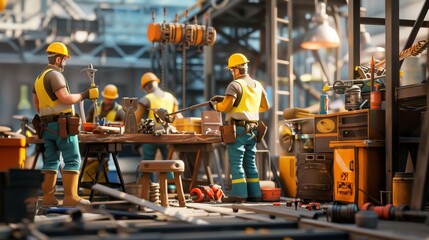 Aufkleber - A diverse team of skilled workers is actively collaborating at a construction site, utilizing various tools and materials. Generative AI