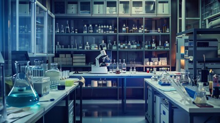 Poster - The laboratory is bustling with equipment, glassware, and organized shelves, illuminated by soft evening light, creating a focused environment. Generative AI