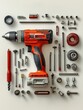 © Charoen - Exploded view of a power drill components arranged neatly on white background