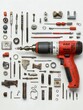 © Charoen - Exploded view of a power drill components arranged neatly on white background