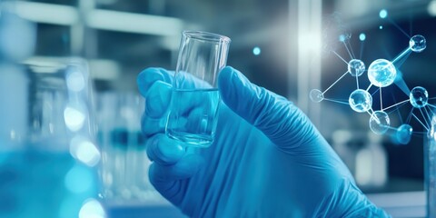 Scientist holding test tube in laboratory with blue liquid, molecular structure graphics and modern lab equipment in background.