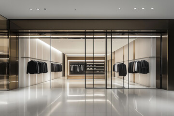 Luxury fashion boutique with glass storefront in a modern shopping mall. Minimalist interior with bright lighting and sleek clothing displays