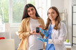 © Pixel-Shot - Young pregnant woman with gestational diabetes and doctor measuring blood sugar level in clinic